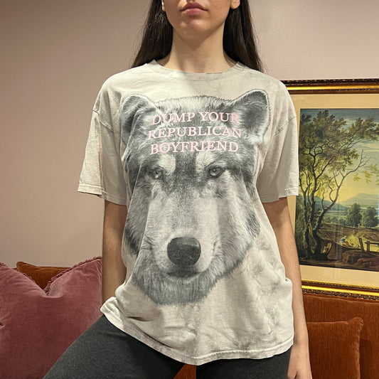 DUMP YOUR REPUBLICAN BOYFRIEND wolf t-shirt with pink text (L)