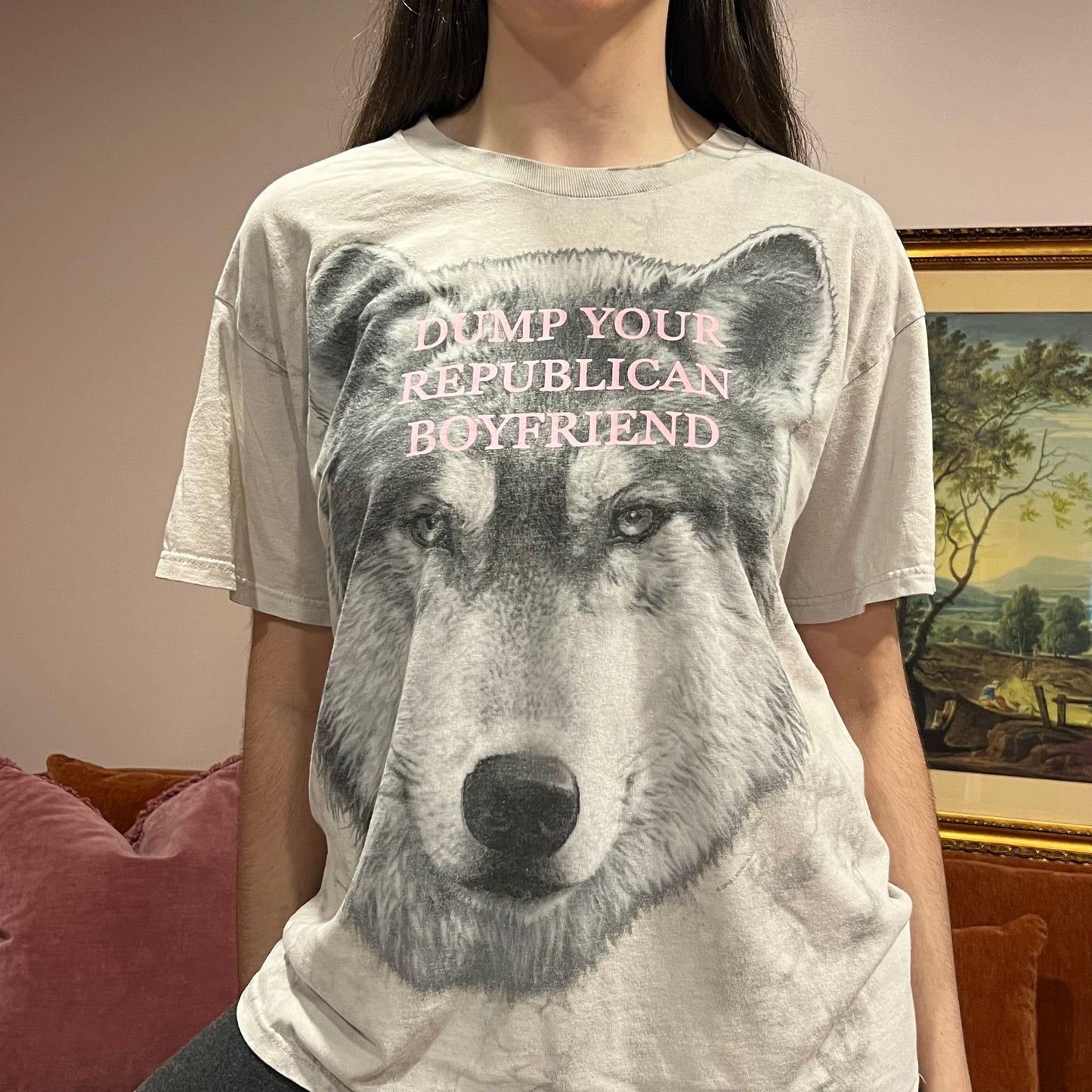 DUMP YOUR REPUBLICAN BOYFRIEND wolf t-shirt with pink text (L)