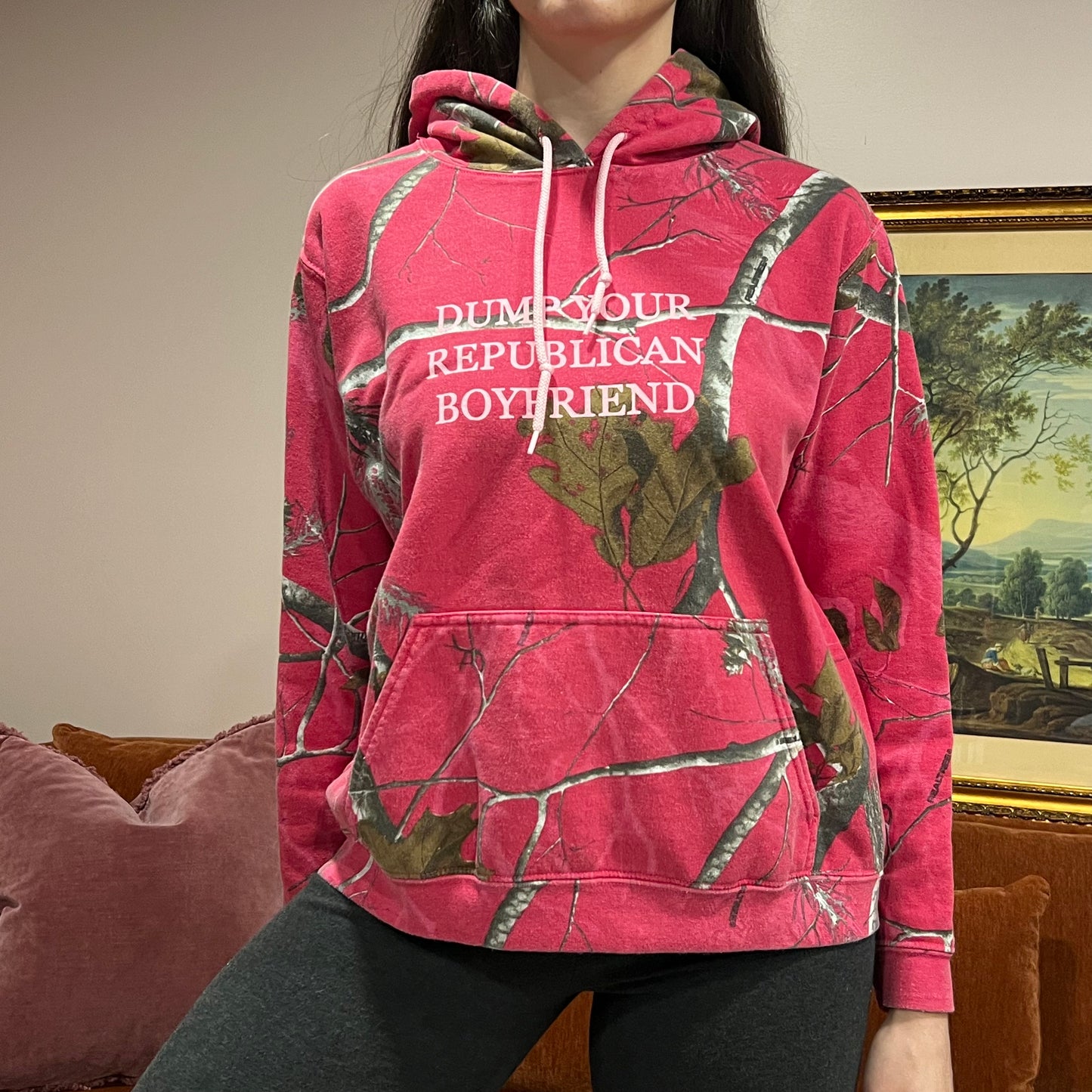 DUMP YOUR REPUBLICAN BOYFRIEND pink camo hoodie with pink text (L)