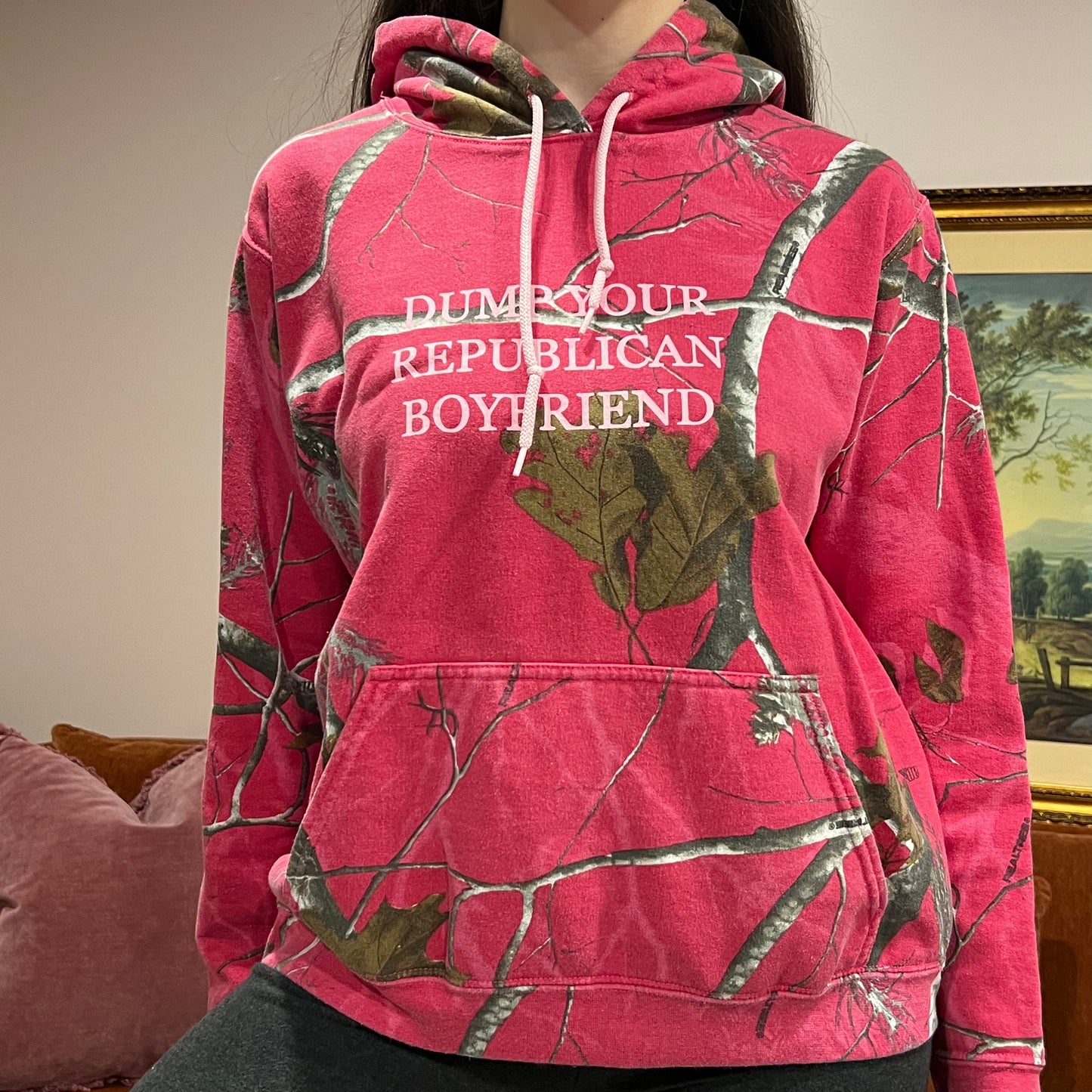 DUMP YOUR REPUBLICAN BOYFRIEND pink camo hoodie with pink text (L)
