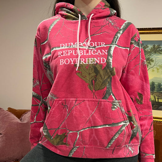DUMP YOUR REPUBLICAN BOYFRIEND pink camo hoodie with pink text (L)