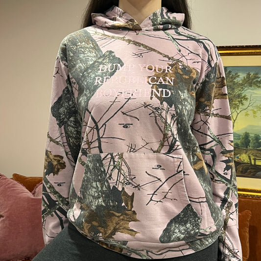 DUMP YOUR REPUBLICAN BOYFRIEND pink camo hoodie with pink text (M)