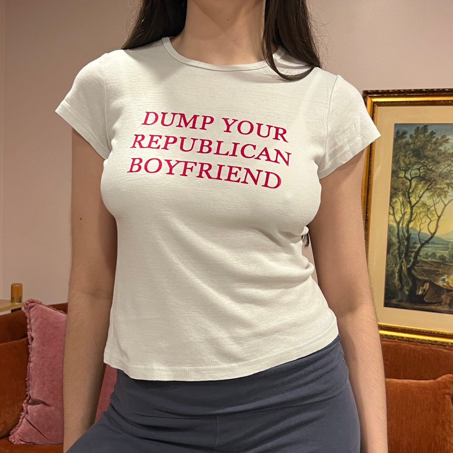 DUMP YOUR REPUBLICAN BOYFRIEND white t-shirt with red text (S)