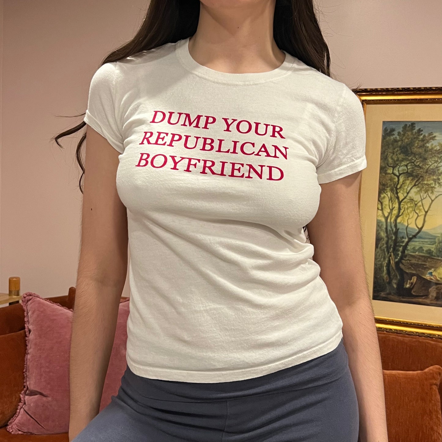 DUMP YOUR REPUBLICAN BOYFRIEND white t-shirt with red text (S)