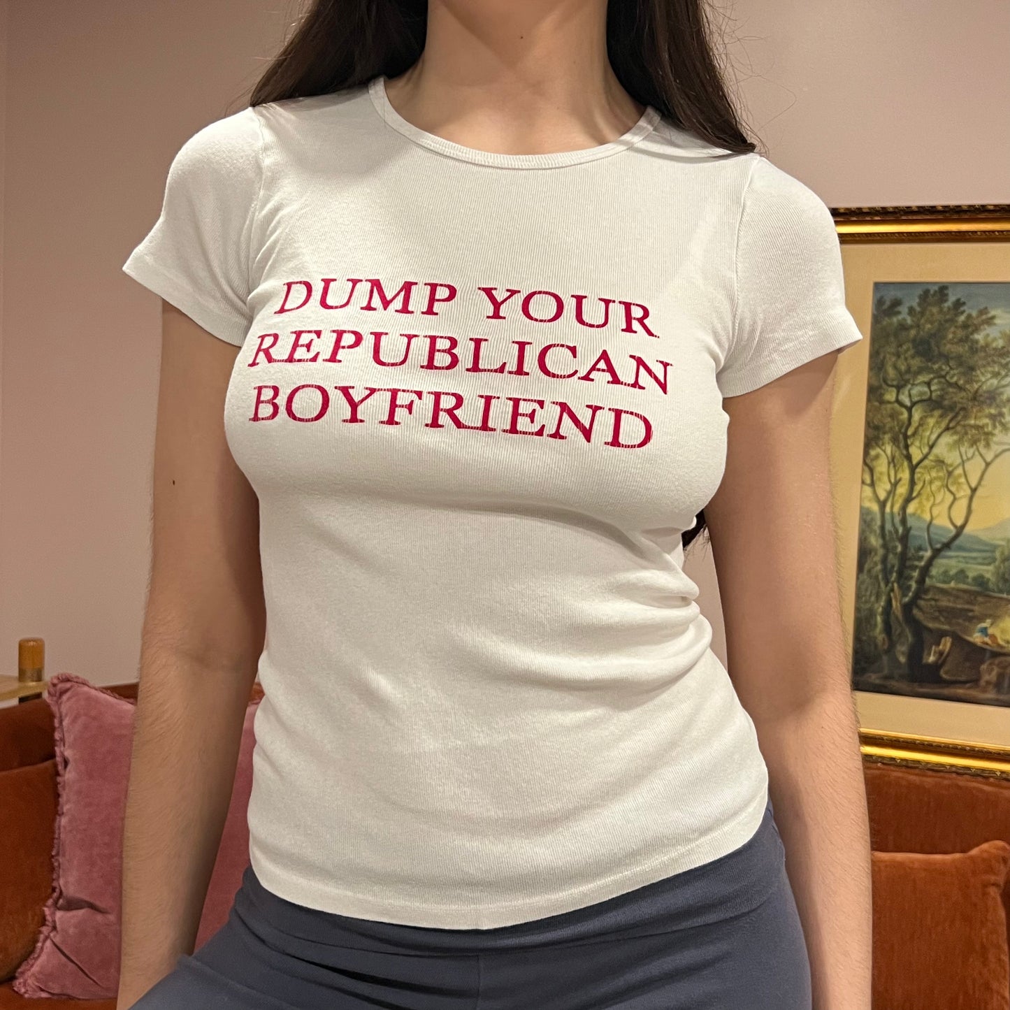 DUMP YOUR REPUBLICAN BOYFRIEND white t-shirt with red text (S)