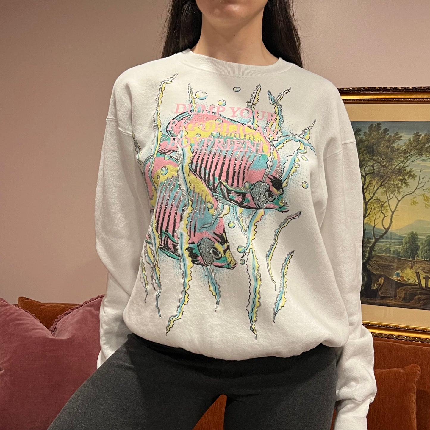 DUMP YOUR REPUBLICAN BOYFRIEND animal crewneck with pink text (L)