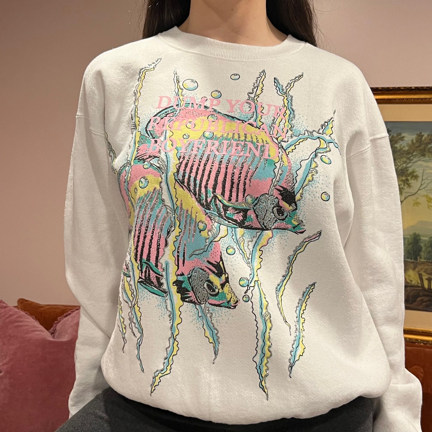 DUMP YOUR REPUBLICAN BOYFRIEND animal crewneck with pink text (L)