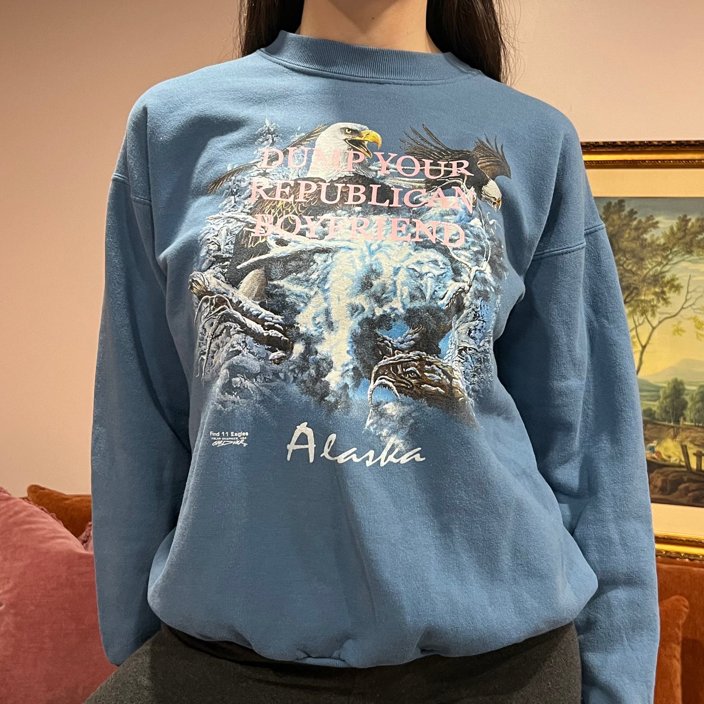 DUMP YOUR REPUBLICAN BOYFRIEND eagle crewneck with pink text (M)