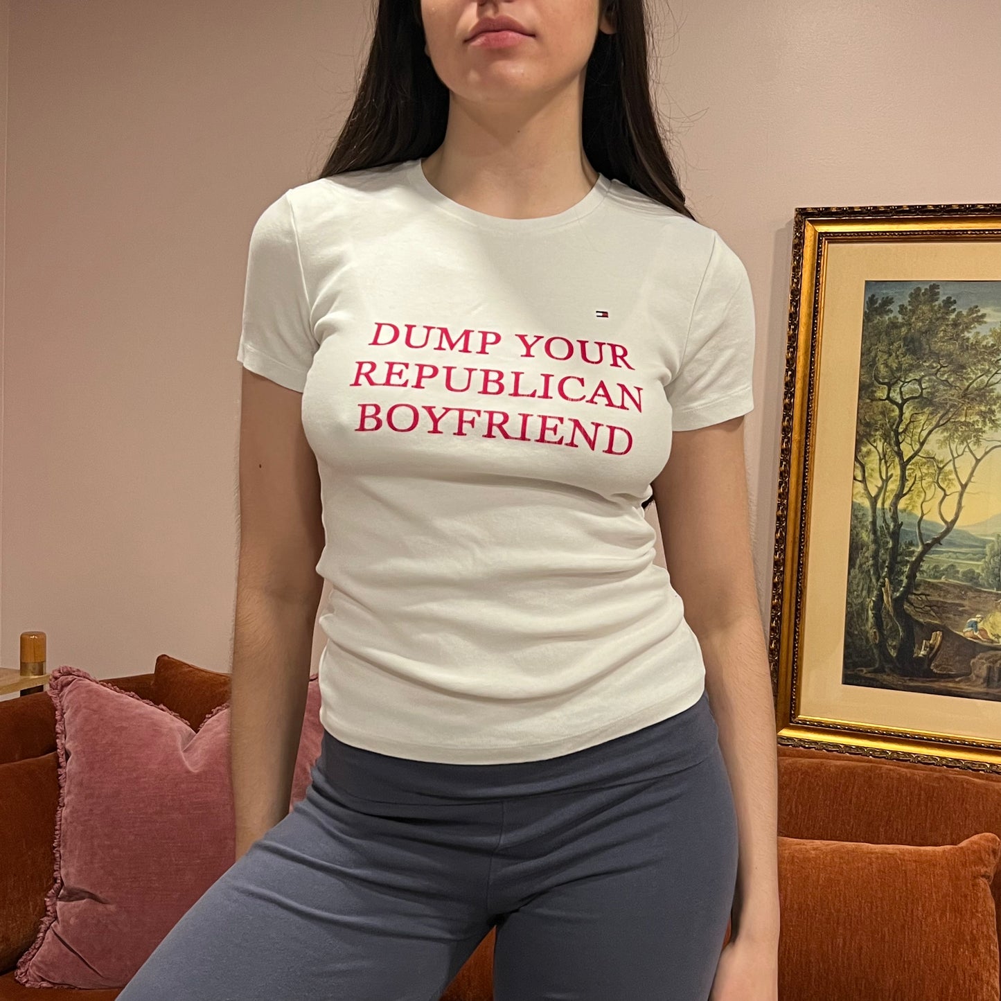 DUMP YOUR REPUBLICAN BOYFRIEND white t-shirt with red text (S)