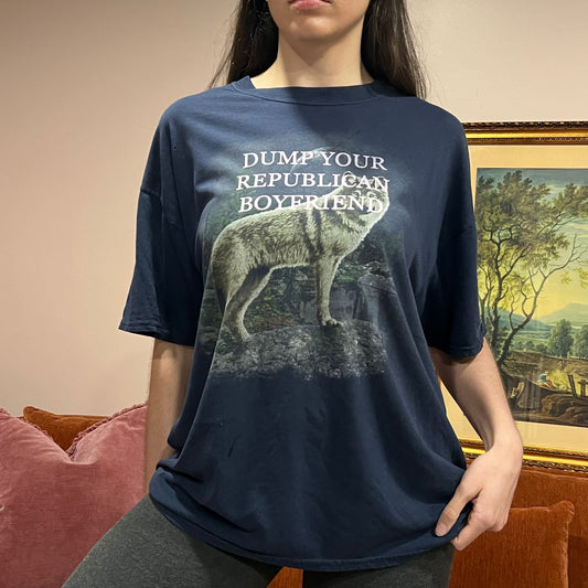 DUMP YOUR REPUBLICAN BOYFRIEND wolf t-shirt with pink text (2XL)