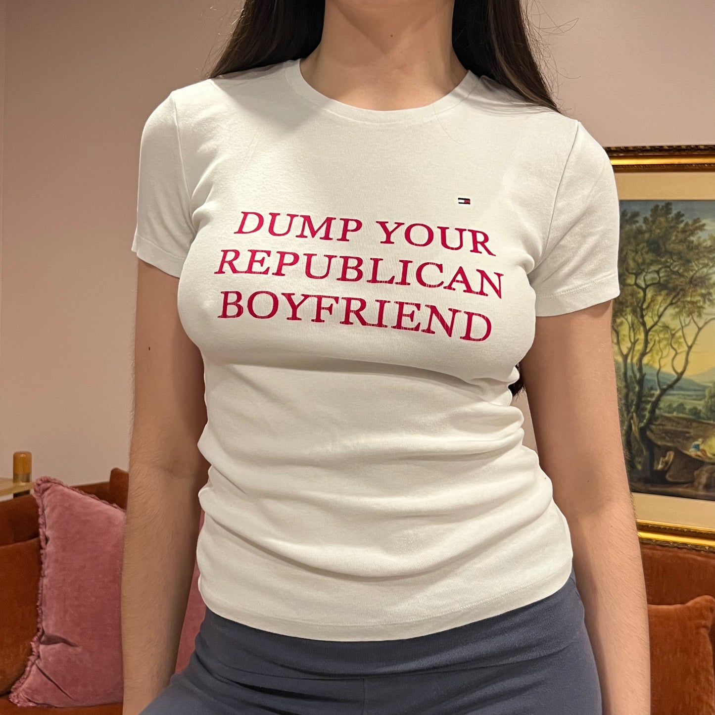 DUMP YOUR REPUBLICAN BOYFRIEND white t-shirt with red text (S)