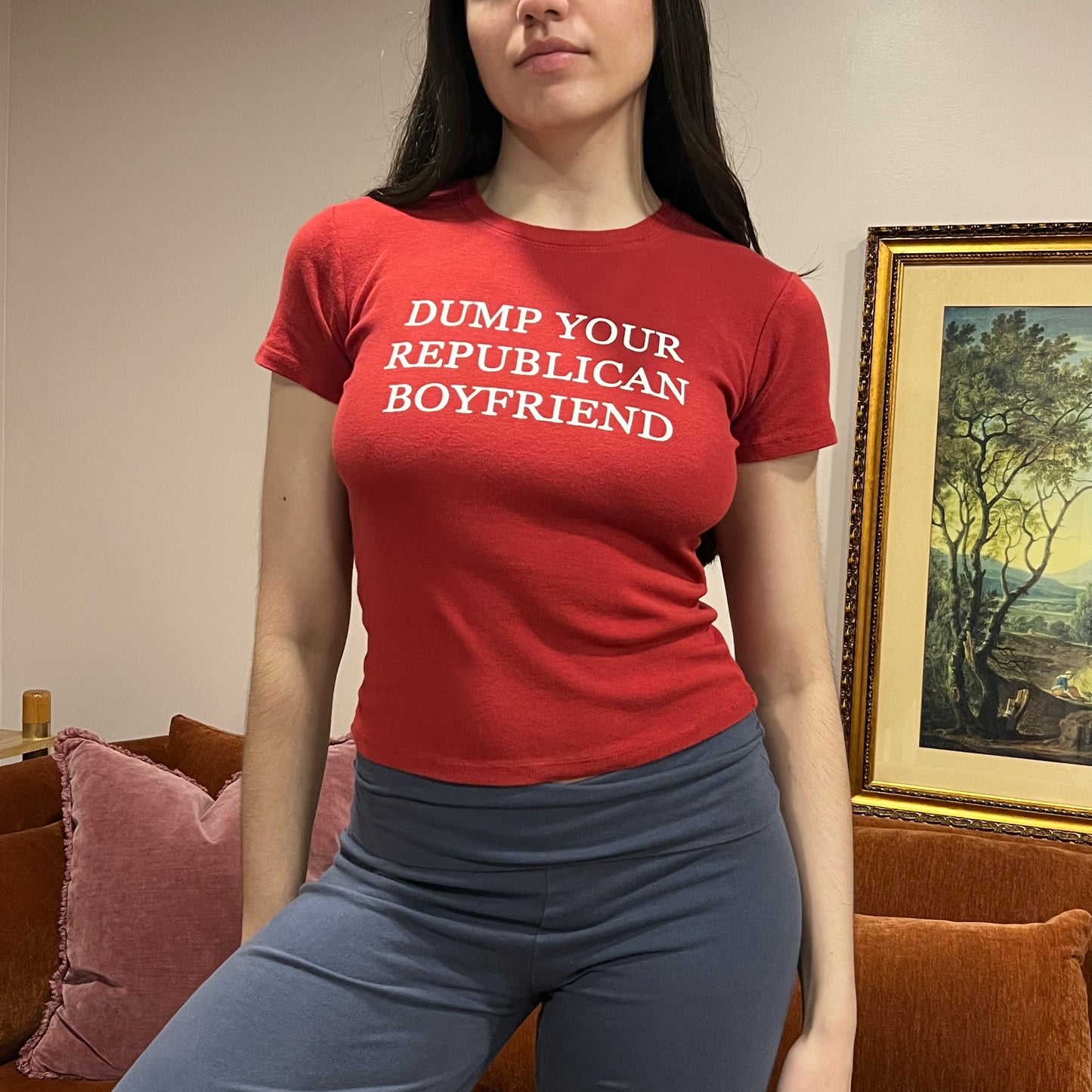 DUMP YOUR REPUBLICAN BOYFRIEND red t-shirt with white text (S)