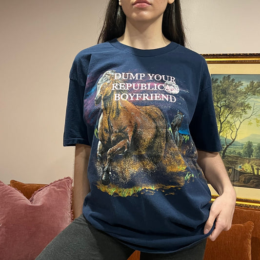 DUMP YOUR REPUBLICAN BOYFRIEND horse t-shirt with pink text (XL)