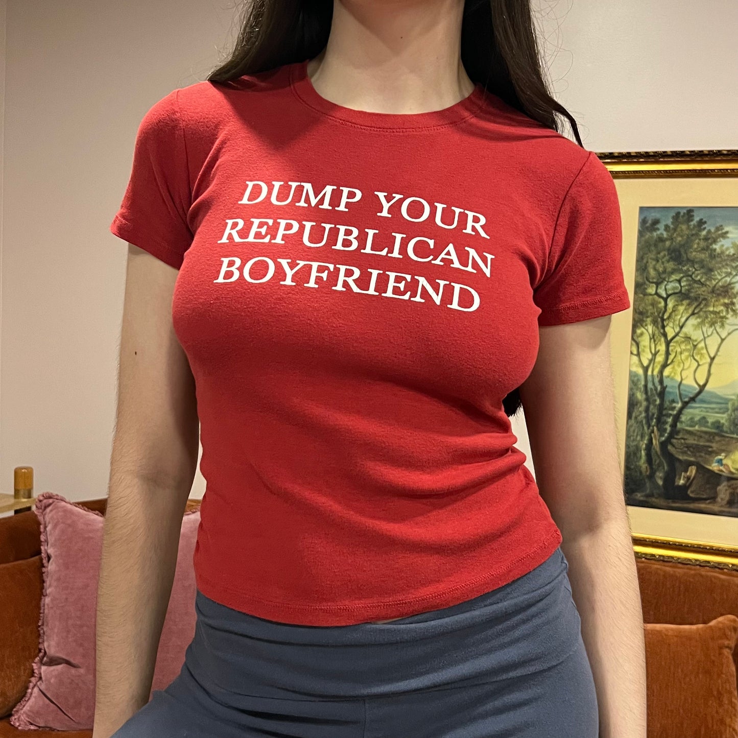 DUMP YOUR REPUBLICAN BOYFRIEND red t-shirt with white text (S)