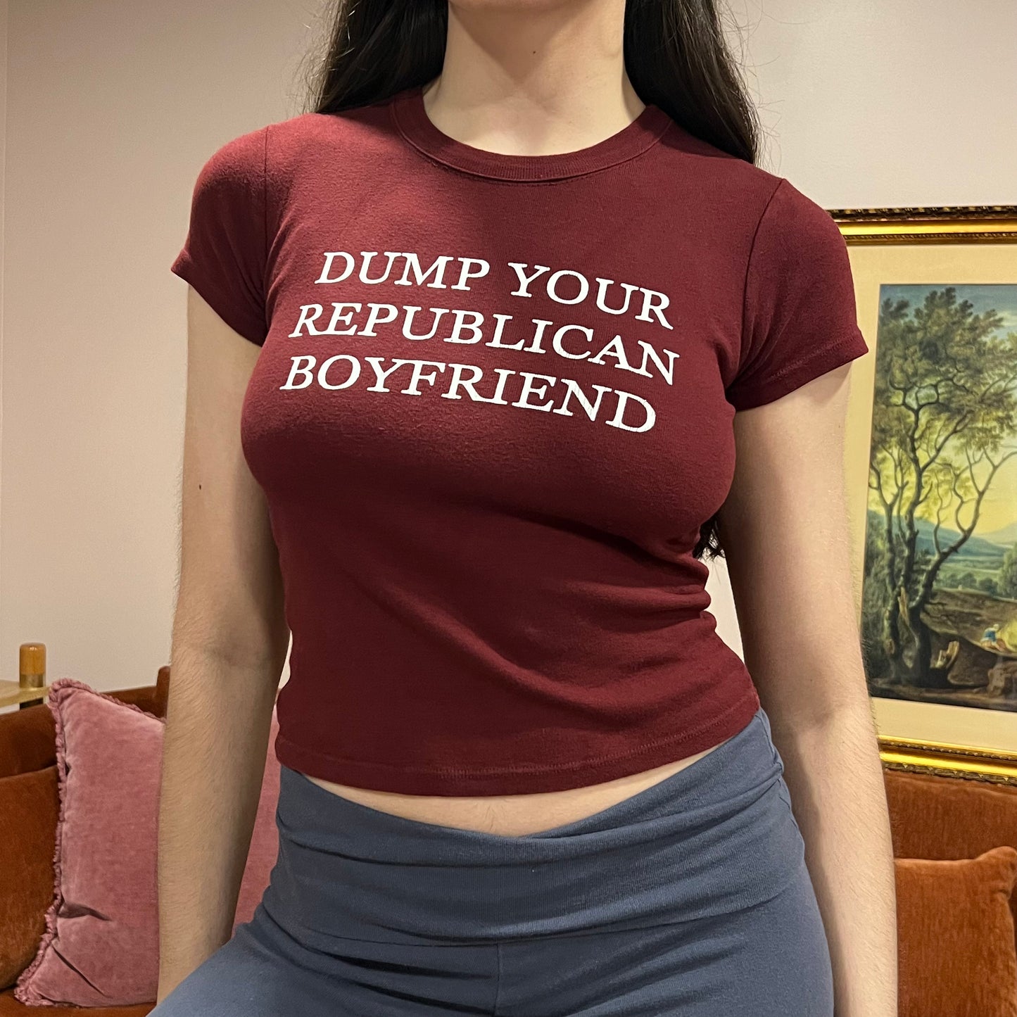 DUMP YOUR REPUBLICAN BOYFRIEND red t-shirt with white text (S)