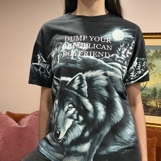 DUMP YOUR REPUBLICAN BOYFRIEND wolf t-shirt with pink text (L)