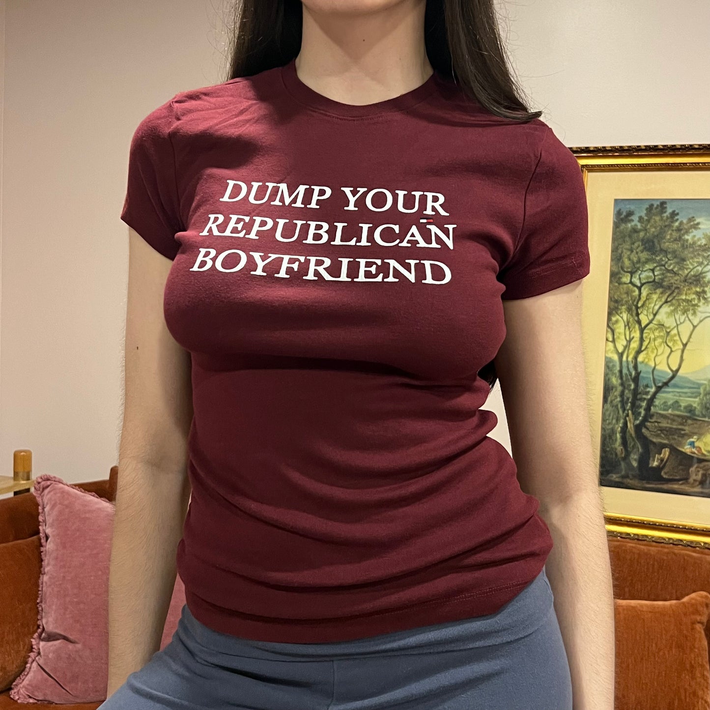 DUMP YOUR REPUBLICAN BOYFRIEND red t-shirt with white text (M)