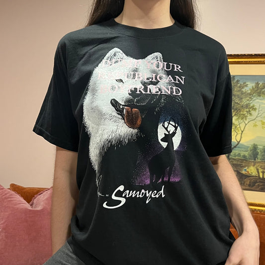 DUMP YOUR REPUBLICAN BOYFRIEND wolf t-shirt with pink text (L)