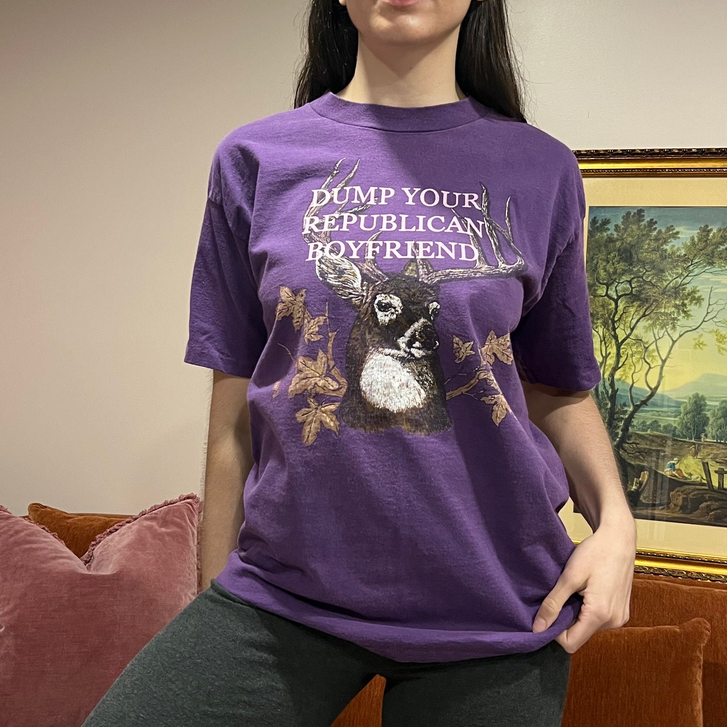 DUMP YOUR REPUBLICAN BOYFRIEND deer t-shirt with pink text (L)