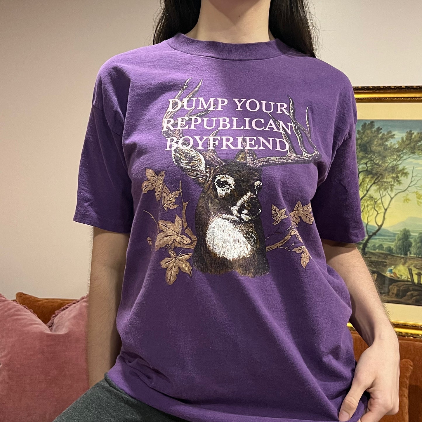 DUMP YOUR REPUBLICAN BOYFRIEND deer t-shirt with pink text (L)