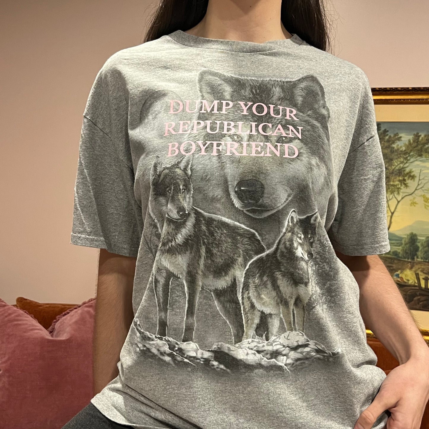 DUMP YOUR REPUBLICAN BOYFRIEND wolf t-shirt with pink text (XL)
