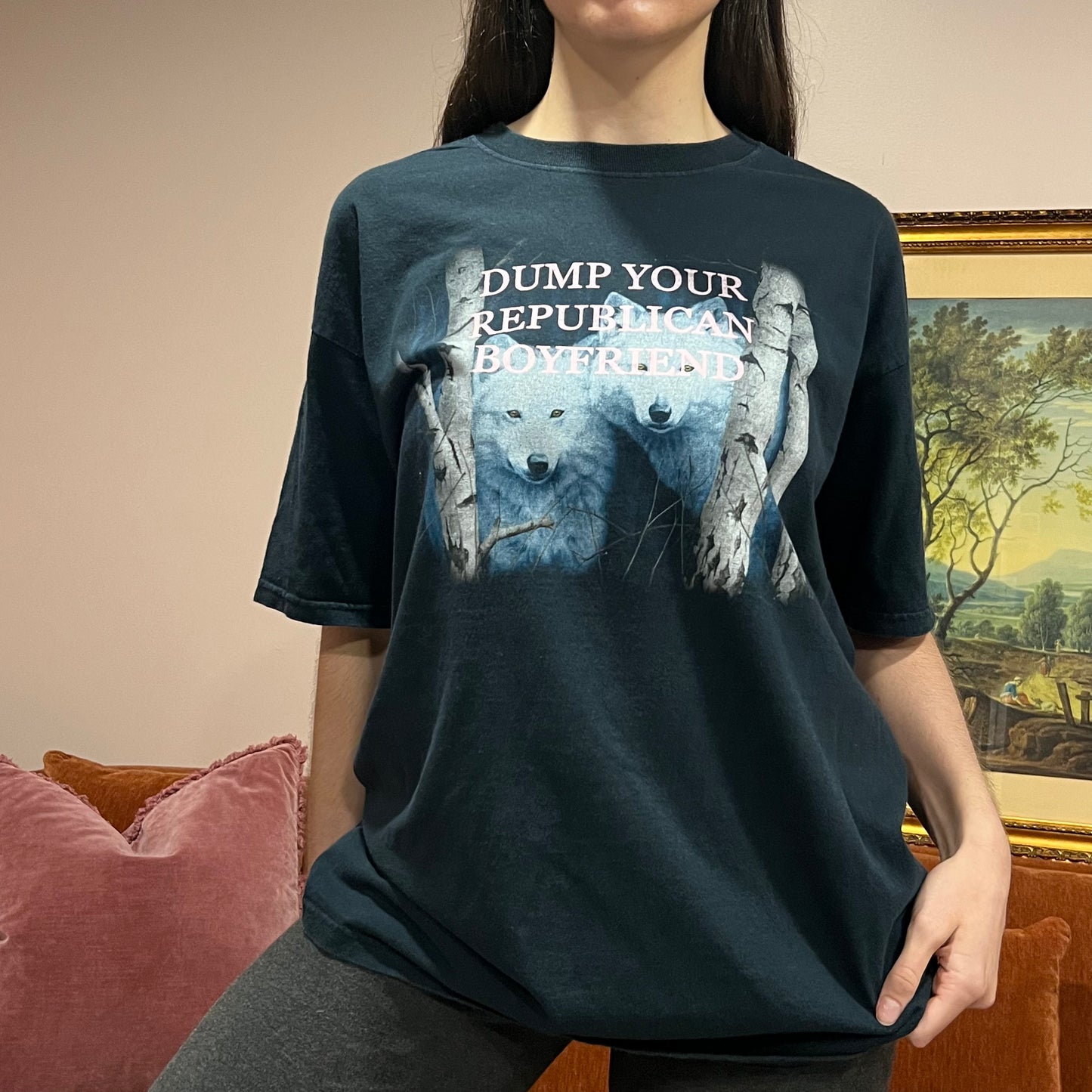 DUMP YOUR REPUBLICAN BOYFRIEND wolf t-shirt with pink text (XL)