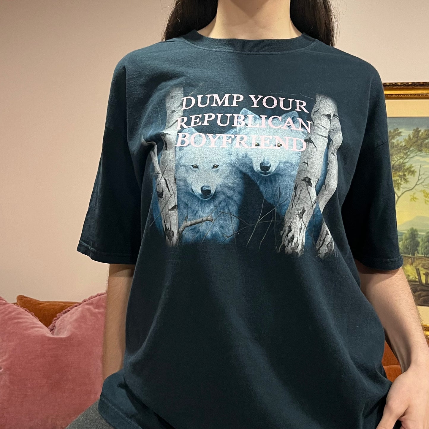 DUMP YOUR REPUBLICAN BOYFRIEND wolf t-shirt with pink text (XL)