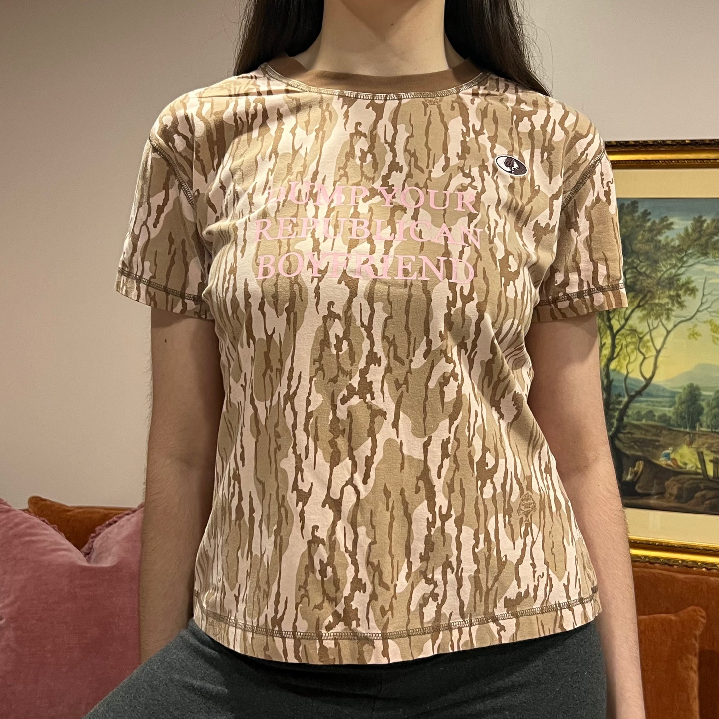 DUMP YOUR REPUBLICAN BOYFRIEND camo t-shirt with pink text (XL)