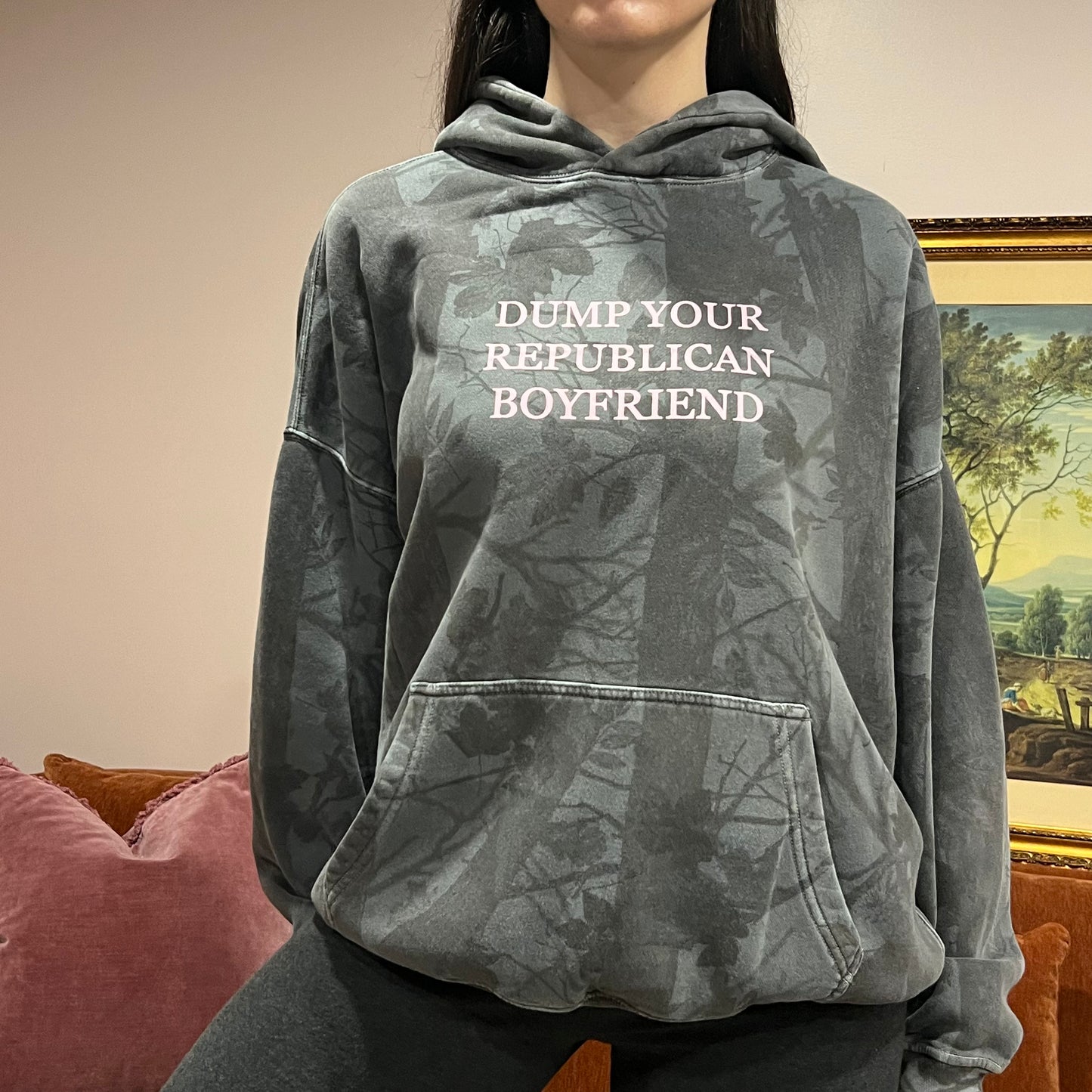 DUMP YOUR REPUBLICAN BOYFRIEND camo hoodie with pink text (L)