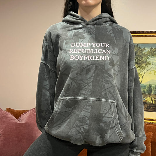 DUMP YOUR REPUBLICAN BOYFRIEND camo hoodie with pink text (L)
