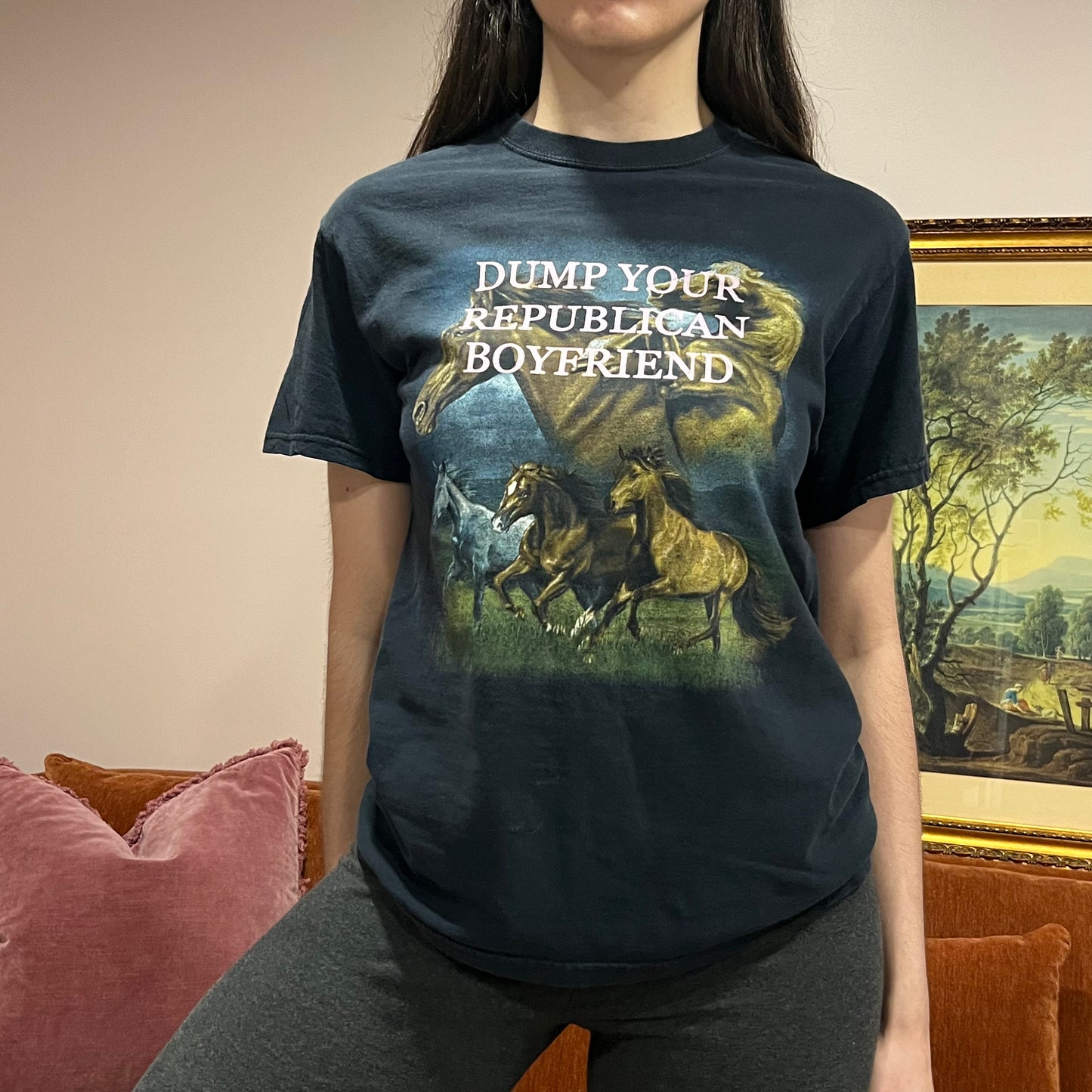 DUMP YOUR REPUBLICAN BOYFRIEND horse t-shirt with pink text (M)