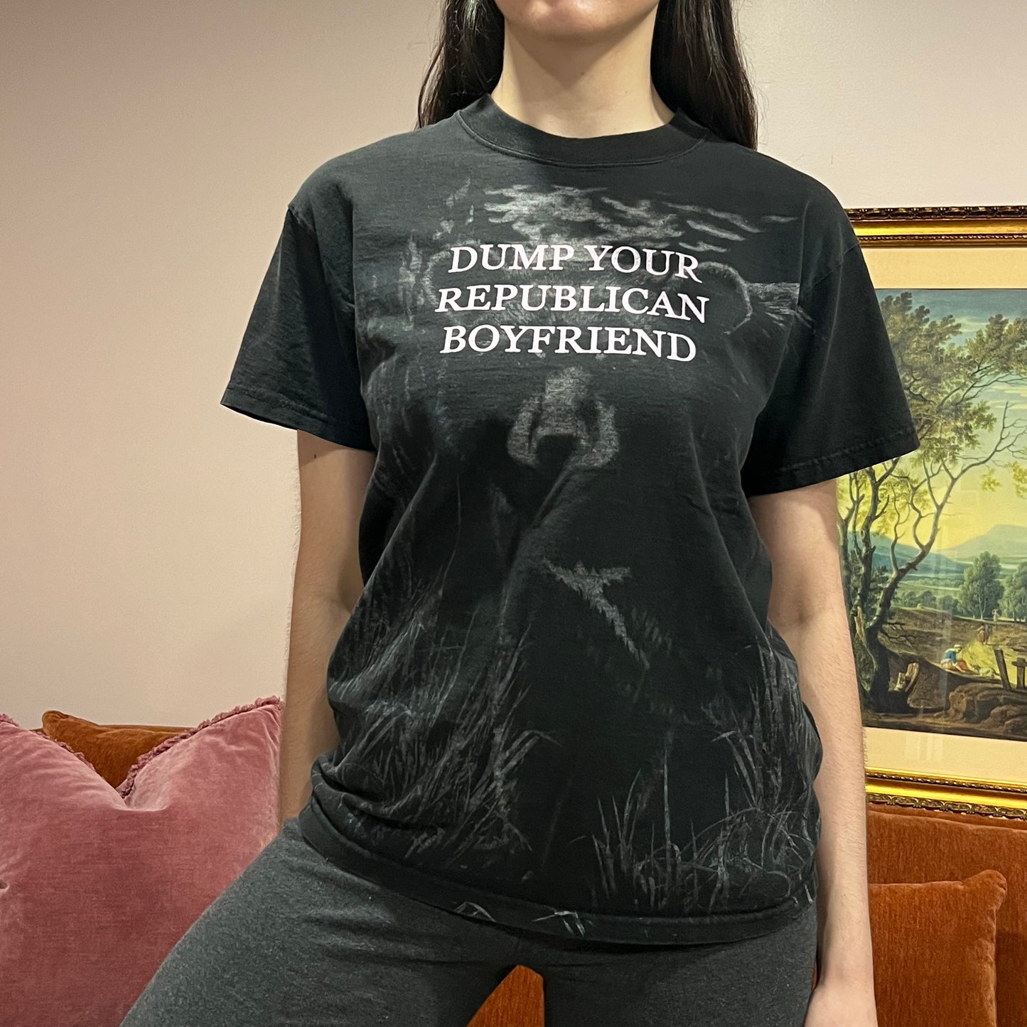 DUMP YOUR REPUBLICAN BOYFRIEND bear t-shirt with pink text (M)