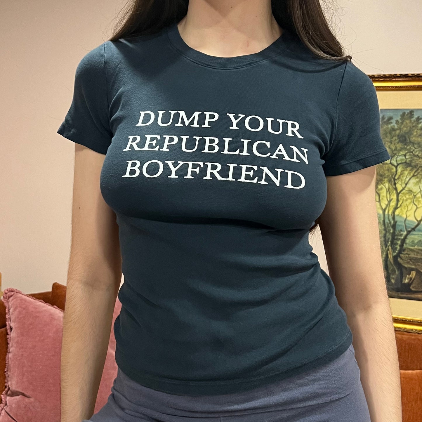 DUMP YOUR REPUBLICAN BOYFRIEND navy t-shirt with white text (S)