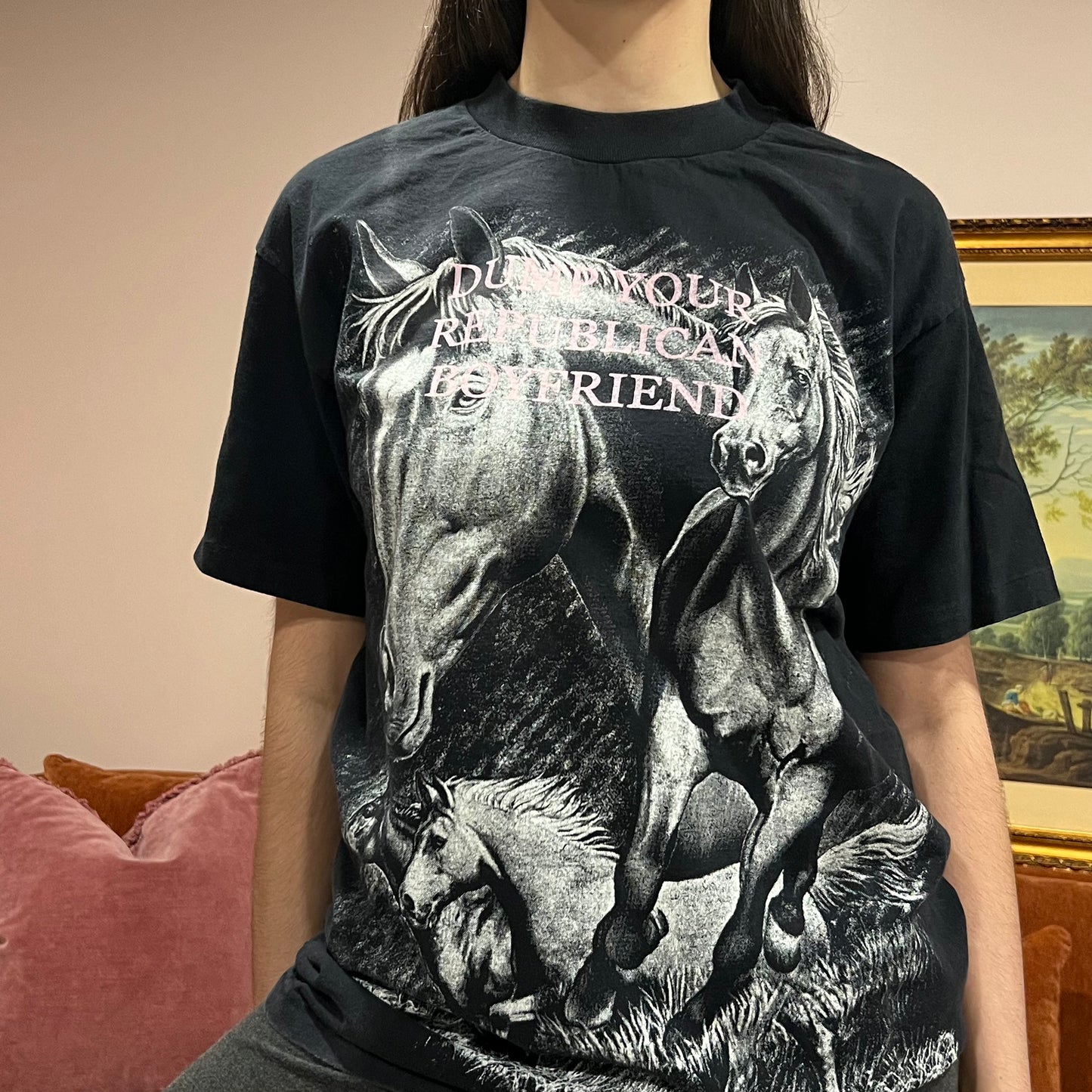 DUMP YOUR REPUBLICAN BOYFRIEND horse t-shirt with pink text (L)