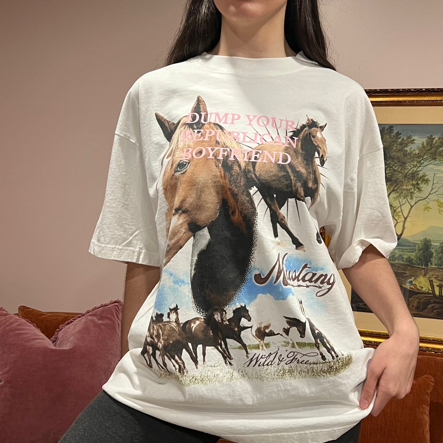 DUMP YOUR REPUBLICAN BOYFRIEND horse t-shirt with pink text (XL)