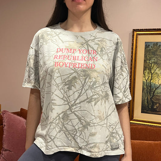 DUMP YOUR REPUBLICAN BOYFRIEND white camo t-shirt with pink text (L)