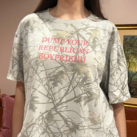 DUMP YOUR REPUBLICAN BOYFRIEND white camo t-shirt with pink text (L)