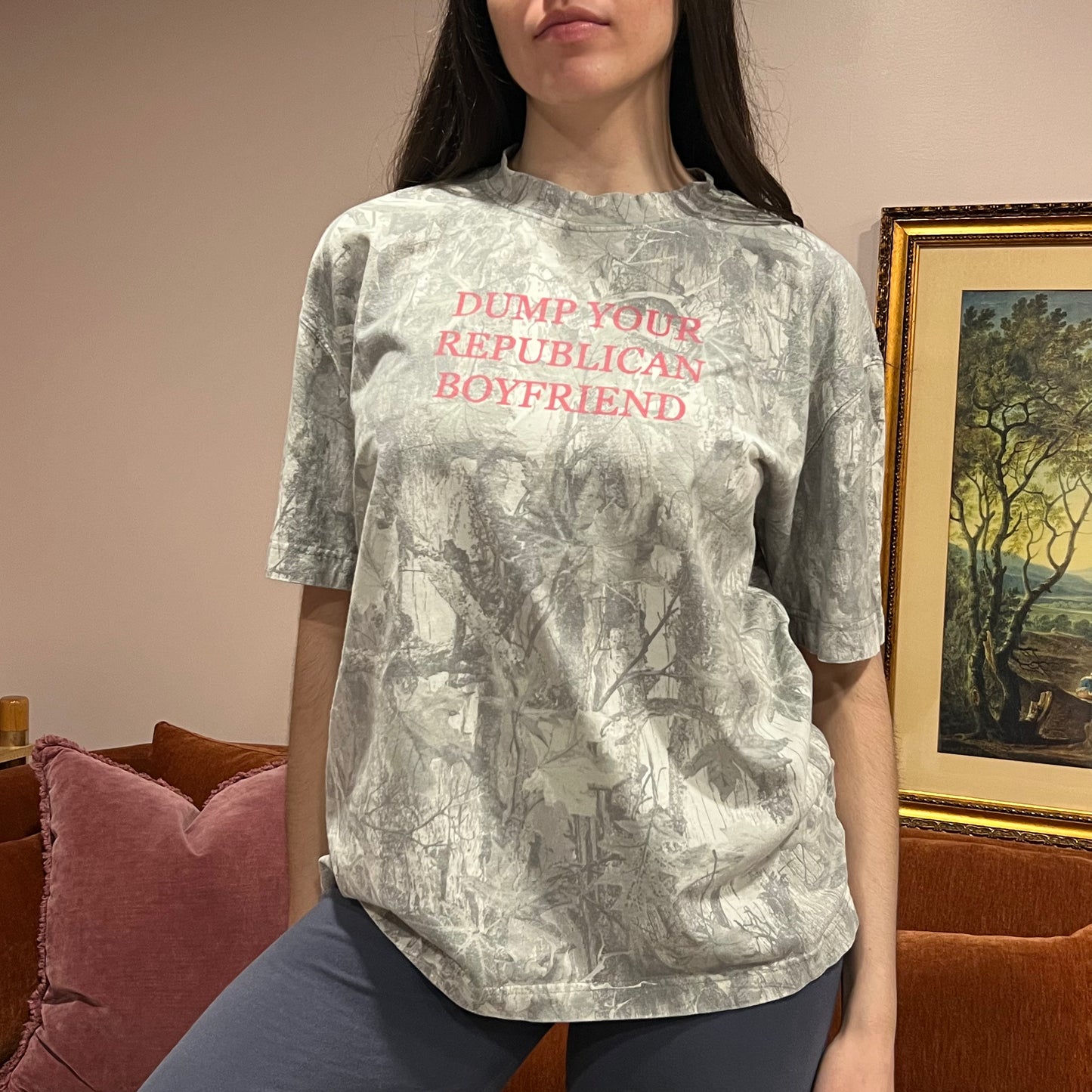 DUMP YOUR REPUBLICAN BOYFRIEND white camo t-shirt with pink text (L)