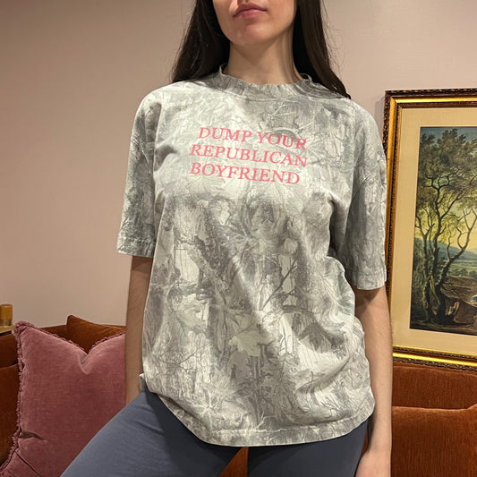 DUMP YOUR REPUBLICAN BOYFRIEND white camo t-shirt with pink text (L)