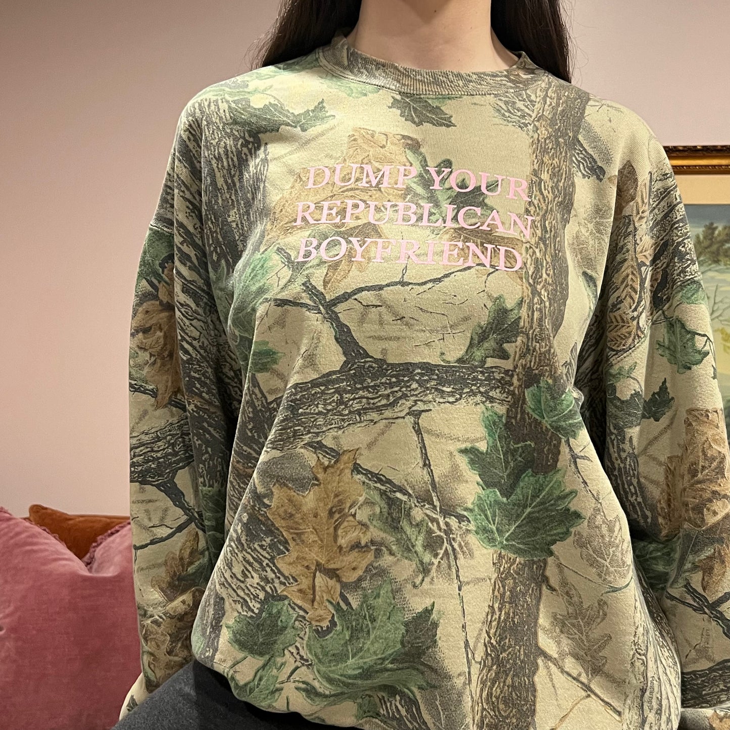 DUMP YOUR REPUBLICAN BOYFRIEND camo crewneck with pink text (2XL)