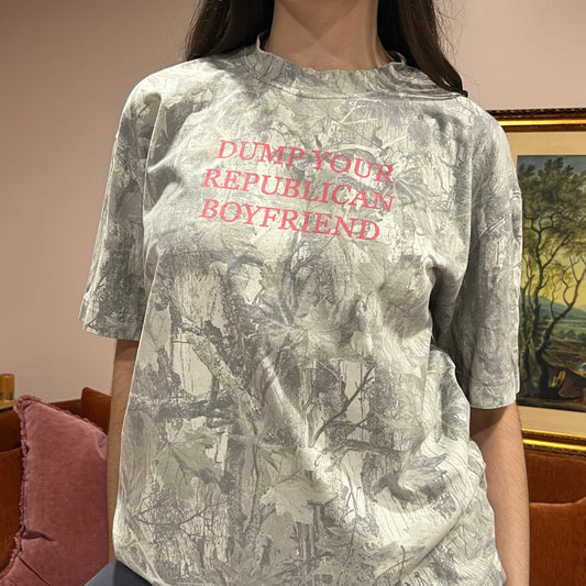 DUMP YOUR REPUBLICAN BOYFRIEND white camo t-shirt with pink text (L)