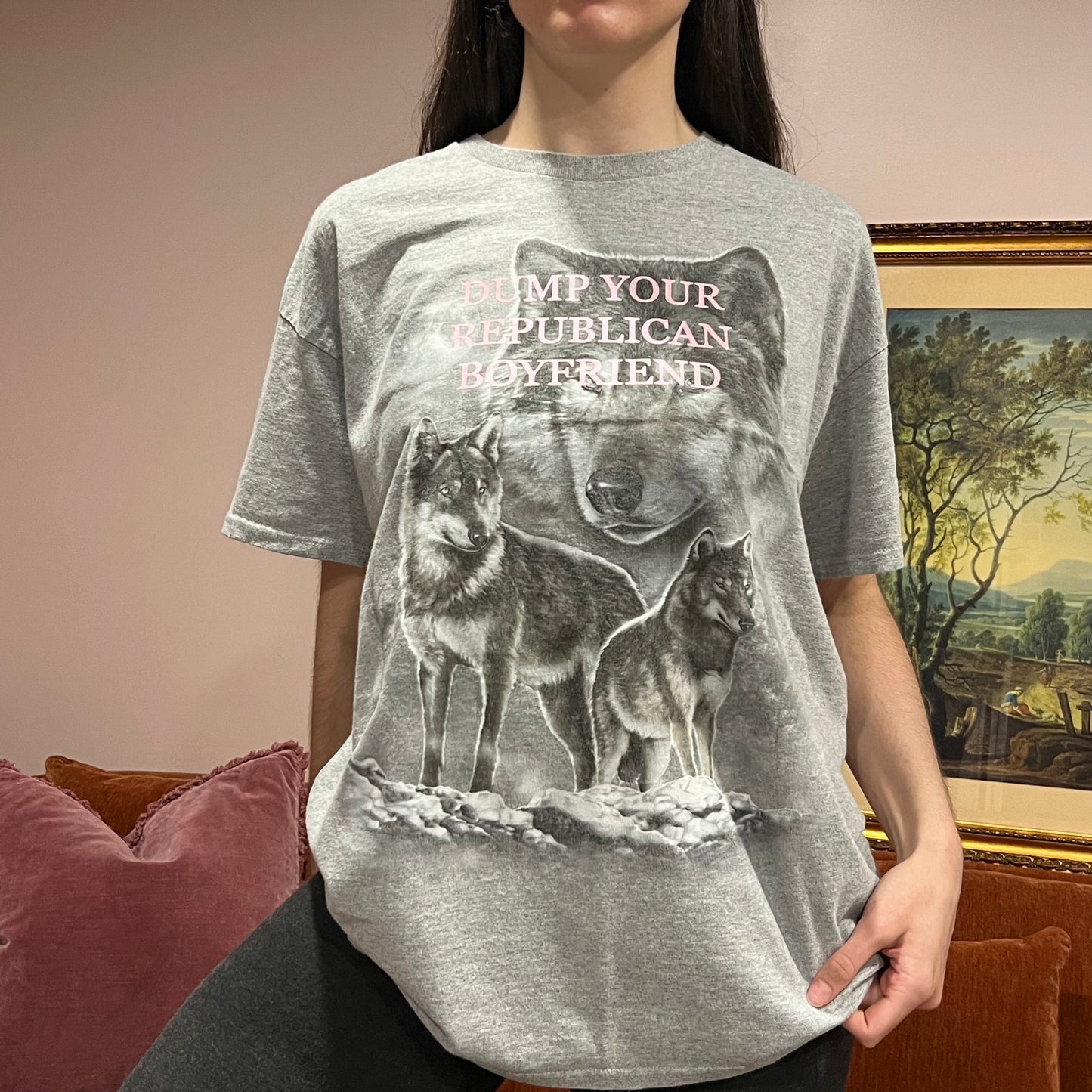 DUMP YOUR REPUBLICAN BOYFRIEND wolf t-shirt with pink text (XL)