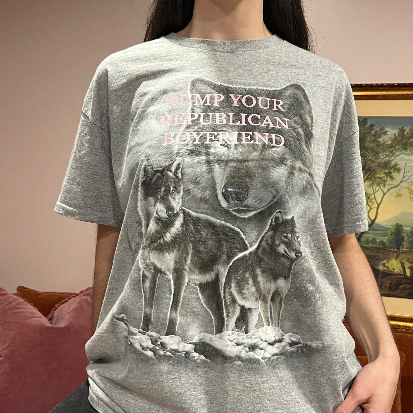 DUMP YOUR REPUBLICAN BOYFRIEND wolf t-shirt with pink text (XL)