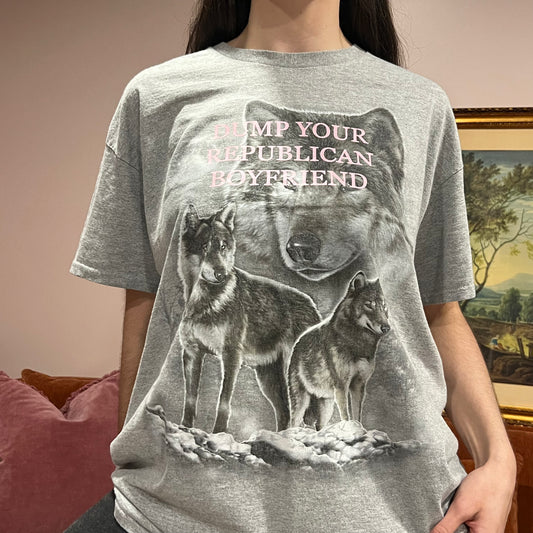 DUMP YOUR REPUBLICAN BOYFRIEND wolf t-shirt with pink text (XL)