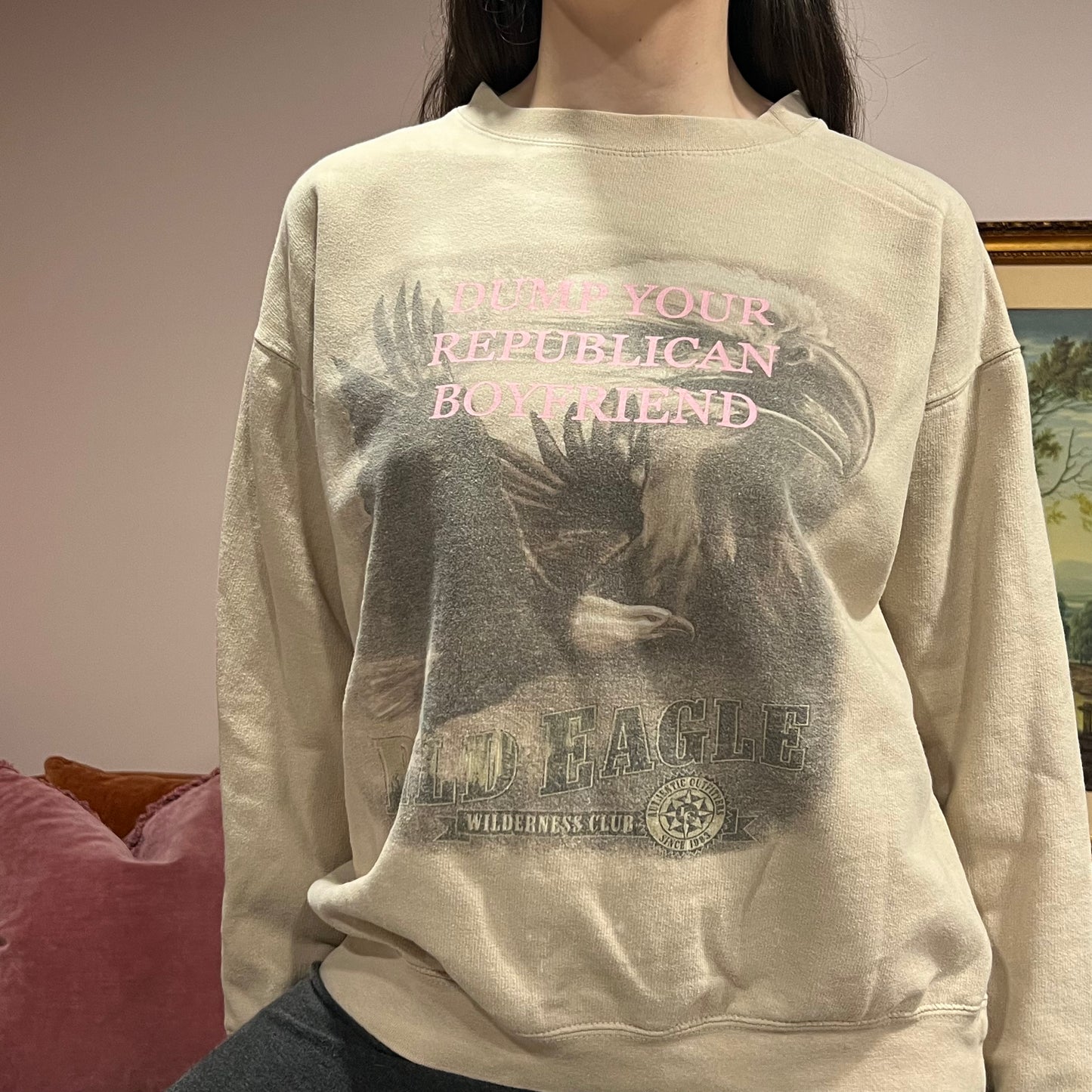 DUMP YOUR REPUBLICAN BOYFRIEND eagle crewneck with pink text (L/XL)