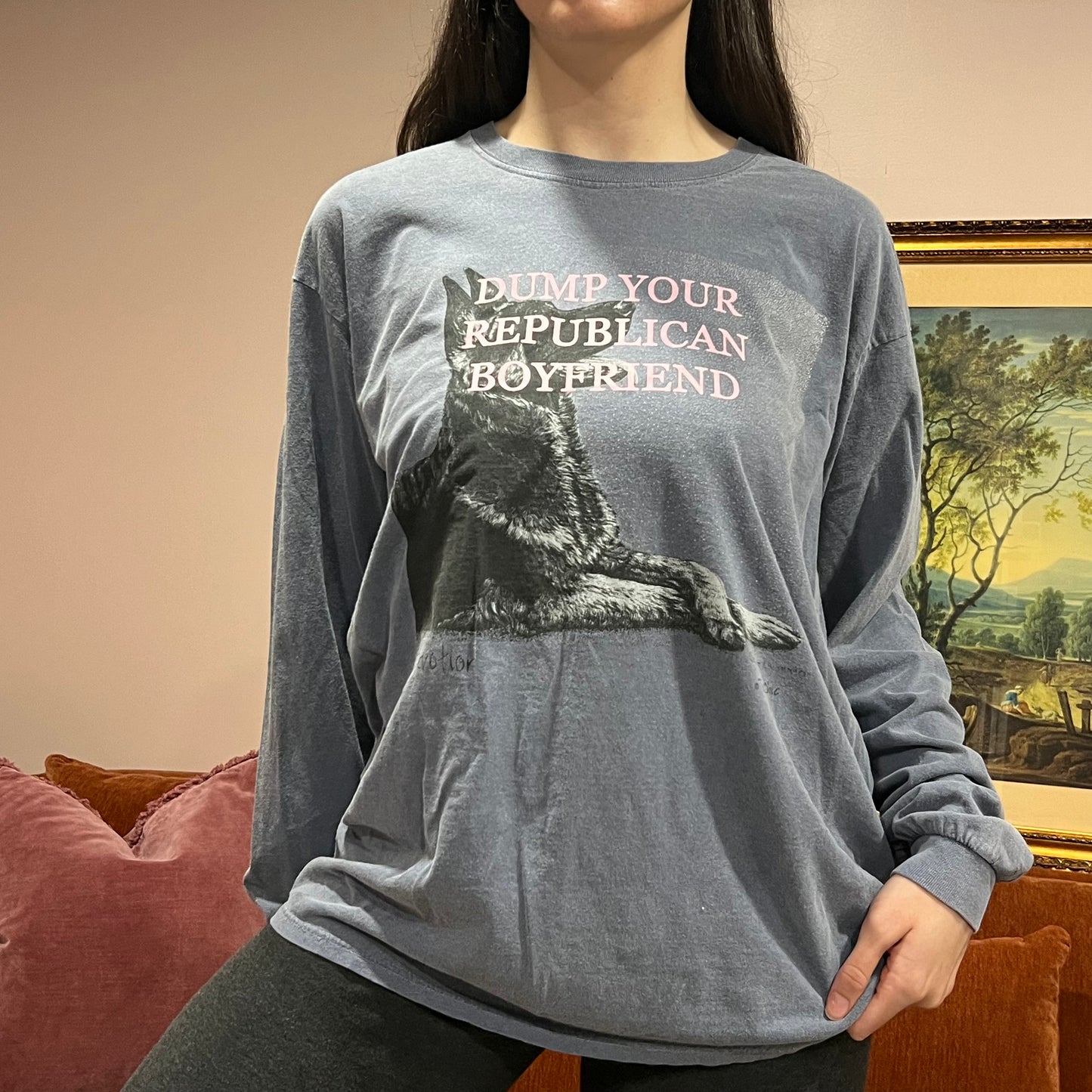 DUMP YOUR REPUBLICAN BOYFRIEND animal long sleeve t-shirt with pink text (L)