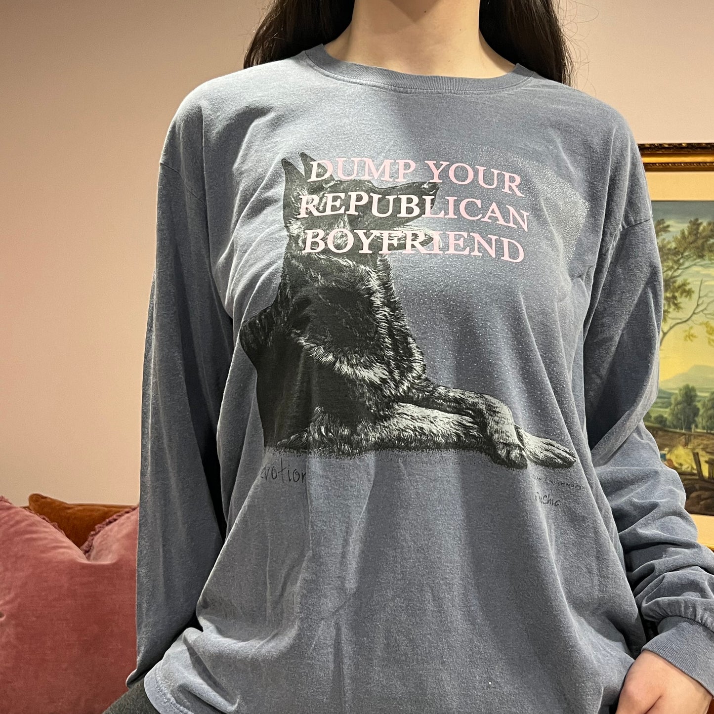 DUMP YOUR REPUBLICAN BOYFRIEND animal long sleeve t-shirt with pink text (L)