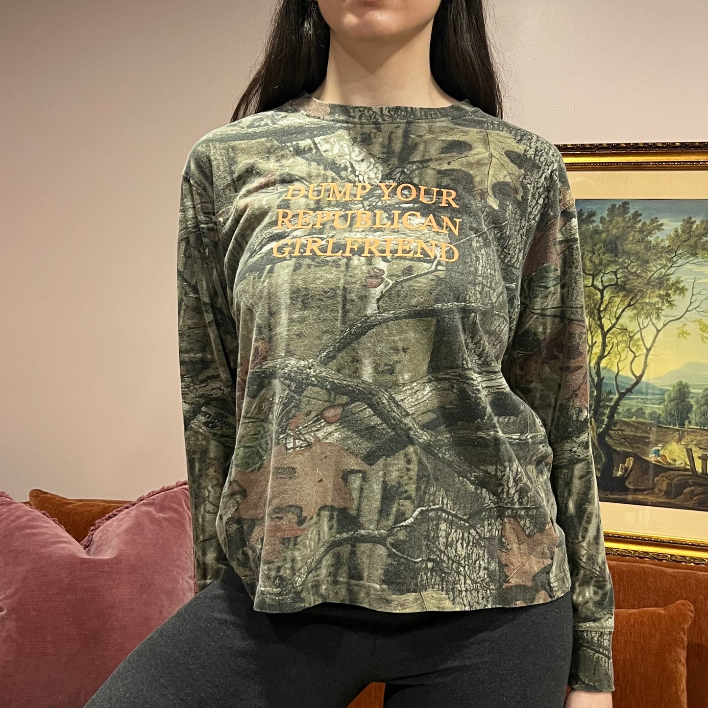 DUMP YOUR REPUBLICAN GIRLFRIEND camo long sleeve t-shirt with orange text (M)