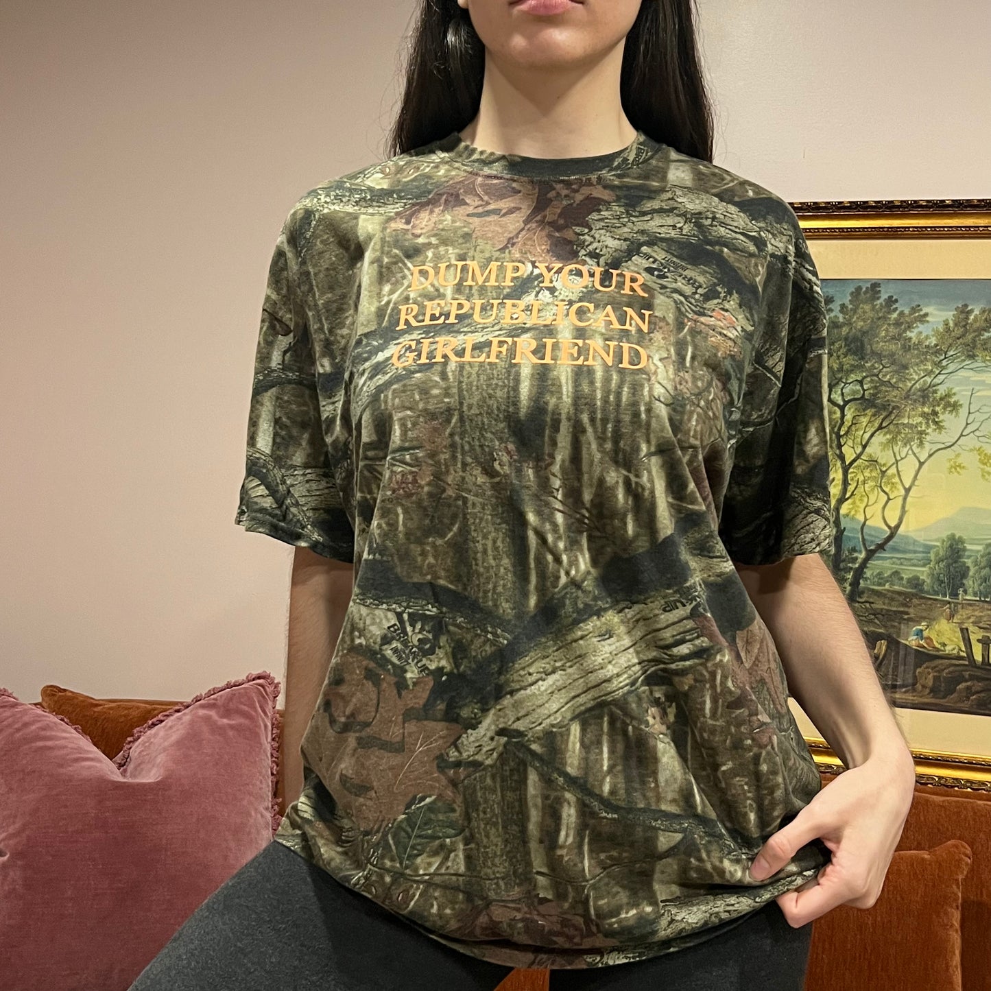 DUMP YOUR REPUBLICAN GIRLFRIEND camo t-shirt with orange text (XL)