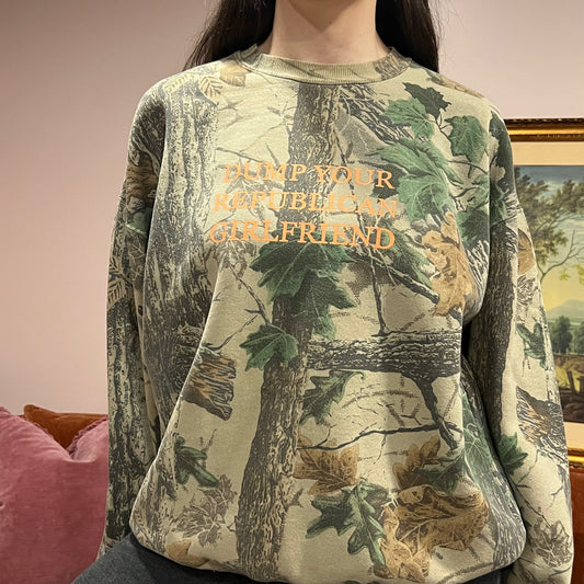 DUMP YOUR REPUBLICAN GIRLFRIEND camo crewneck with orange text (XL)